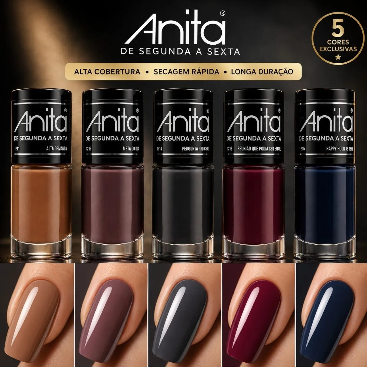 Kit 5 Esmaltes Anita Nova Coleção De Segunda a Sexta — Marrom, Azul, Nude e Cinza