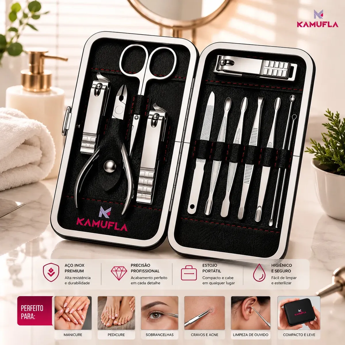 Kit Manicure Portátil 12 Peças com Estojo — Cortador, Alicate, Lixa e Mais